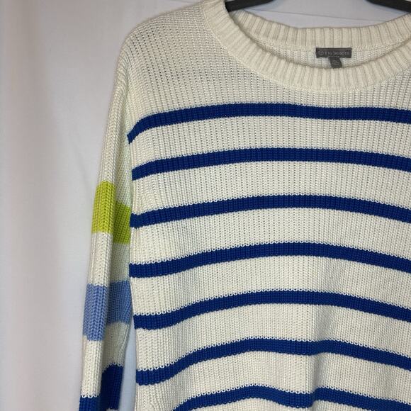 T By Talbots Womens Sweater Size MP Ivory Blue Green Stripes Thumb Hole Side Zip - Picture 6 of 13